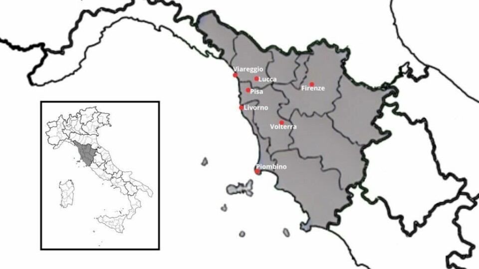 Forslag til reiserute i Toscana som tar deg langs kysten i den italienske regionen. (Foto: ABC Startsiden) Kart over Toscana i Italia hvor det er markert med røde prikker på byene Firenze, Pisa, Lucca, Viareggio, Livorno, Piombino og Volterra. Vi har laget en omfattende guide til Toscana i Italia hvor vi blant annet forteller om fem populære byer som Firenze, Pisa, Siena, Montepulciano og Volterra. Vi gir deg også forslag til tre kjøreruter du kan ta for å oppleve vingårder og resten av Toscana. La deg inspirere av den italienske regionen som fikk sitt eget TV-program; «Den store matfesten - Toscana»