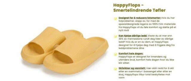 HappyFlops har blitt en veldig populær sko den siste tiden. Selv påstår de at skoen reduserer fotsmerter og at den er bra for leddene. Fotterapeutene, Henriette Aanesen og Terje Haugaa, advarer mot skoen, og sier den faktisk kan gjøre vondt verre. (Foto: Skjermbilde/Happyflops)