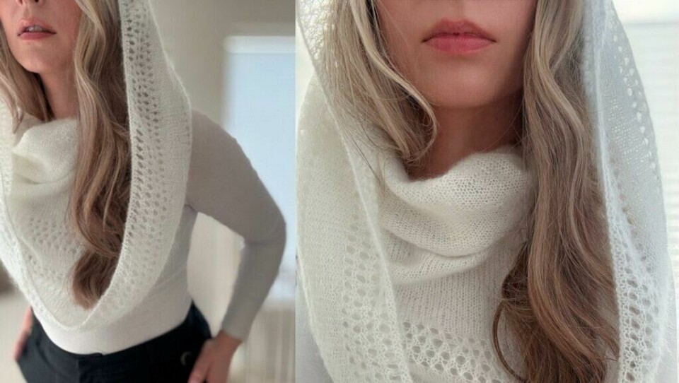 Triksi-oppskriften gir deg et vakkert skjerf med balaklava – både stilrent og praktisk. (Foto: Aurora Lange) Bildet viser et mykt og stilfullt skjerf med balaklava, strikket i hvit mohair. Det delikate hullmønsteret gir et eksklusivt uttrykk, og plagget kan bæres på flere måter.