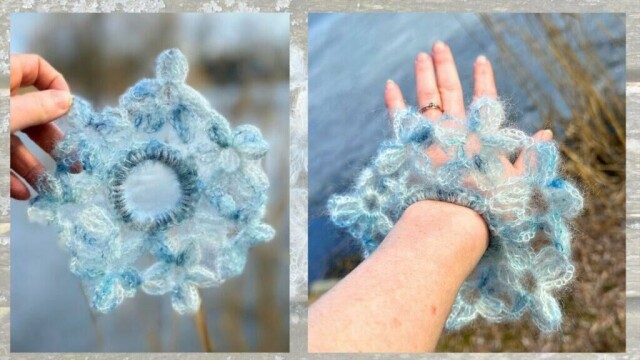 Heklet scrunchie i mohair med blomster – like fin i håret som rundt håndleddet. (Foto: Miriam Schjetlein)