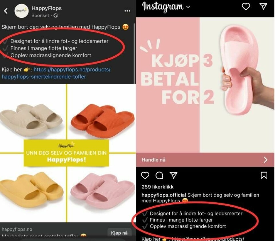 HappyFlops påstår fortsatt at skoen lindrer fot- og leddsmerter på sine sosiale kanaler som Facebook og Instagram. Skjermbildene er tatt 16. august 2023 Skjermbilde av markedføringen til Happyflops på sosiale medier som Facebook og Instagram hvor de påstår at skoen er med på å lindre smerte.