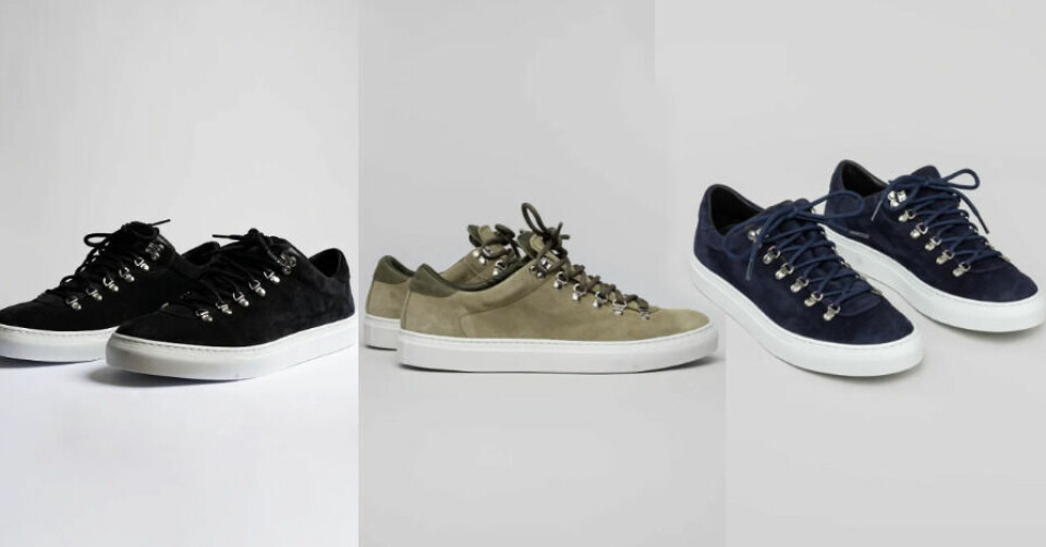 DIEMME sneakers er en av vårens kuleste sneakers til herre. Skoen er laget av Ku skinn og er med snøring. (Foto: Høyer) Bilde av de italienske skoene Diemme, Skoene er laget av kuskinn i høy kvalitet og bilde viser tre sneakers med snøring, et sort, grønt og blått par.