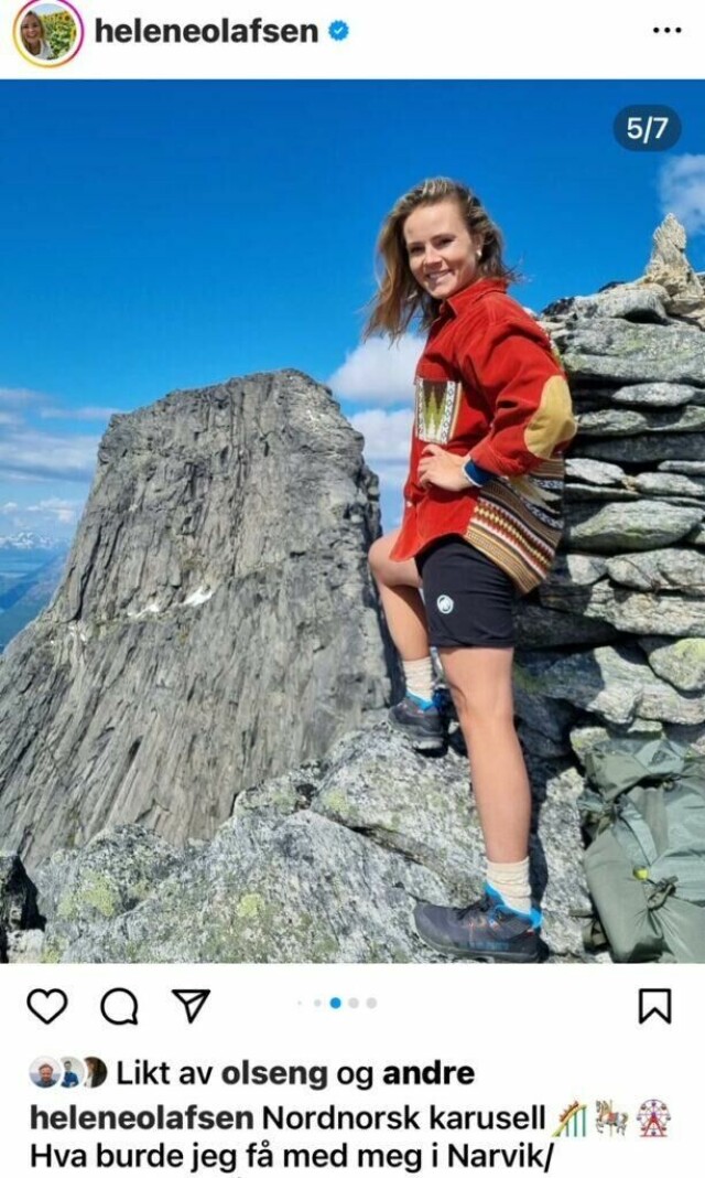 TV 2-programleder Helene Olafsen på Stetind-tur på fridag fra opptak til hemmelig tv-serie (Foto: Instagram)