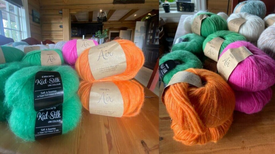 Vilja-genseren strikkes i Drops Air og Kid Silk – her ser du fargekombinasjonen som gir genseren sitt lekne uttrykk. (Foto: Vild Knitwear) Nærbilder av garn brukt i Vilja-genseren fra Vild Knitwear. Garnnøstene er Drops Air i fargene oransje, rosa og grønn, samt Kid Silk i en matchende grønn tone. Garnet ligger på et trebord i en koselig stue med tømmervegger og store vinduer. Dette er garnkombinasjonen som gir Vilja-genseren sitt karakteristiske luftige og fargerike uttrykk.