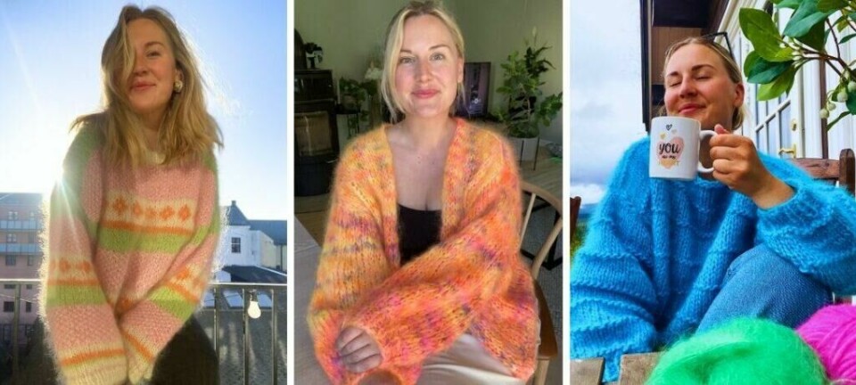 Vild Knitwears mest populære oppskrifter: Candy Sweater, Mari Cardi og Kiki Sweater i lekne farger og mykt garn. (Foto: VildKnitwear) Tre strikkeplagg fra Vild Knitwear vises på bildet: til venstre ser vi Candy Sweater i pastellfarger med oransje blomstermønster, i midten Mari Cardi i oransje-rosa flerfarget garn, og til høyre Kiki Sweater i en klar blåfarge. Alle tre strikkedesignene bæres av en smilende kvinne i naturlige omgivelser, med både inne- og utescener.