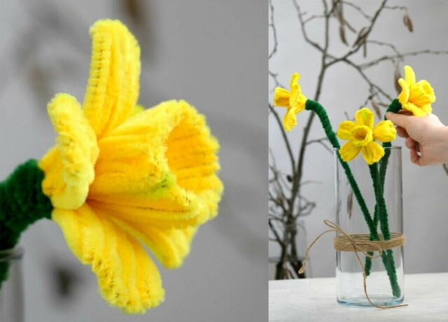 Vakre påskeliljer laget av piperensere – en kreativ og enkel vårdekorasjon. (Foto: Miriam Schjetlein)