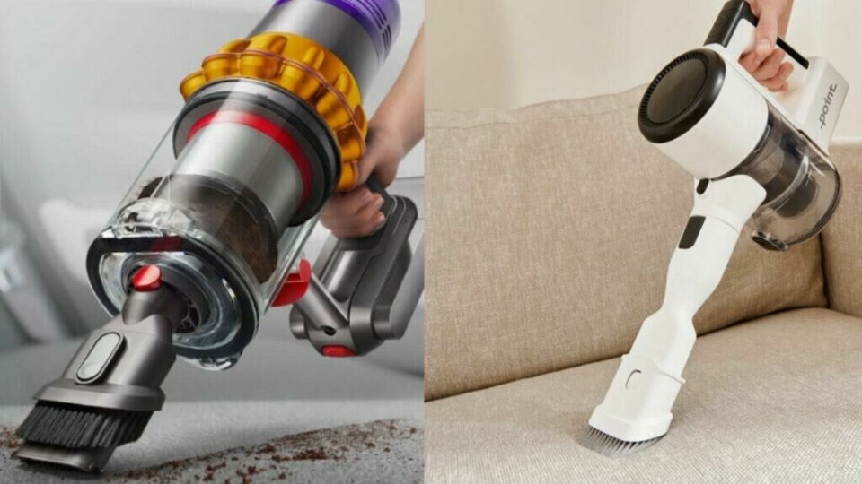 Dyson V15 Detect og Point Pencil. To tilsynelatende ganske like, men vidt forskjellig prisede støvsugere.