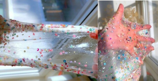 Hjemmelaget gjennomsiktig slim med fargerikt glitter – morsomt å lage og leke med! (Foto: Miriam Schjetlein)