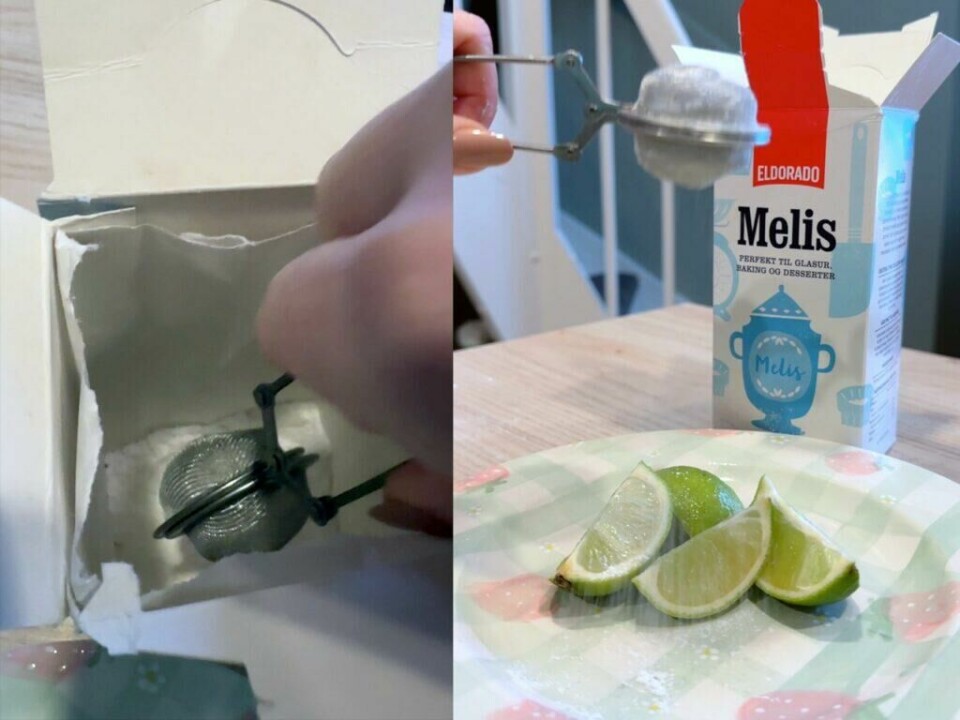 Unngå søl – dryss melis jevnt over desserten med en enkel tesil (Foto: Kreative Ideer/ Miriam Schjetlein) To bilder satt sammen viser bruk av tesil for å drysse melis. Til venstre fylles tesilen med melis direkte fra en åpnet melisboks. Til høyre brukes tesilen til å drysse melis over limebåter på en fargerik tallerken. En åpen Eldorado melisboks står i bakgrunnen, og dryss av melis er synlig både på tallerkenen og i luften. Bildene viser hvordan tesilen kan gi et jevnt dryss uten søl.
