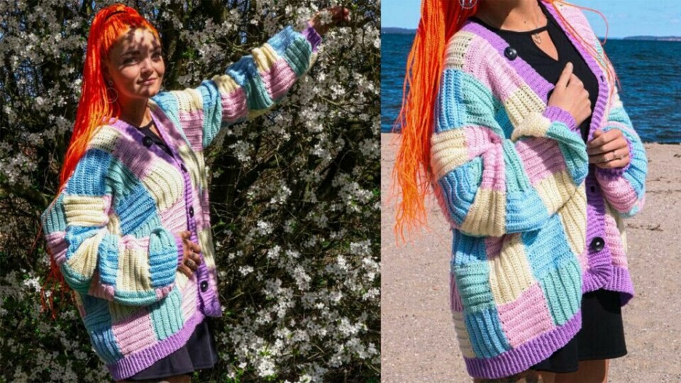 Deilig oversized heklejakke til sommeren. (Foto: Rito Hobby) Kvinnne med oransje hår i flerfarget heklet jakke.