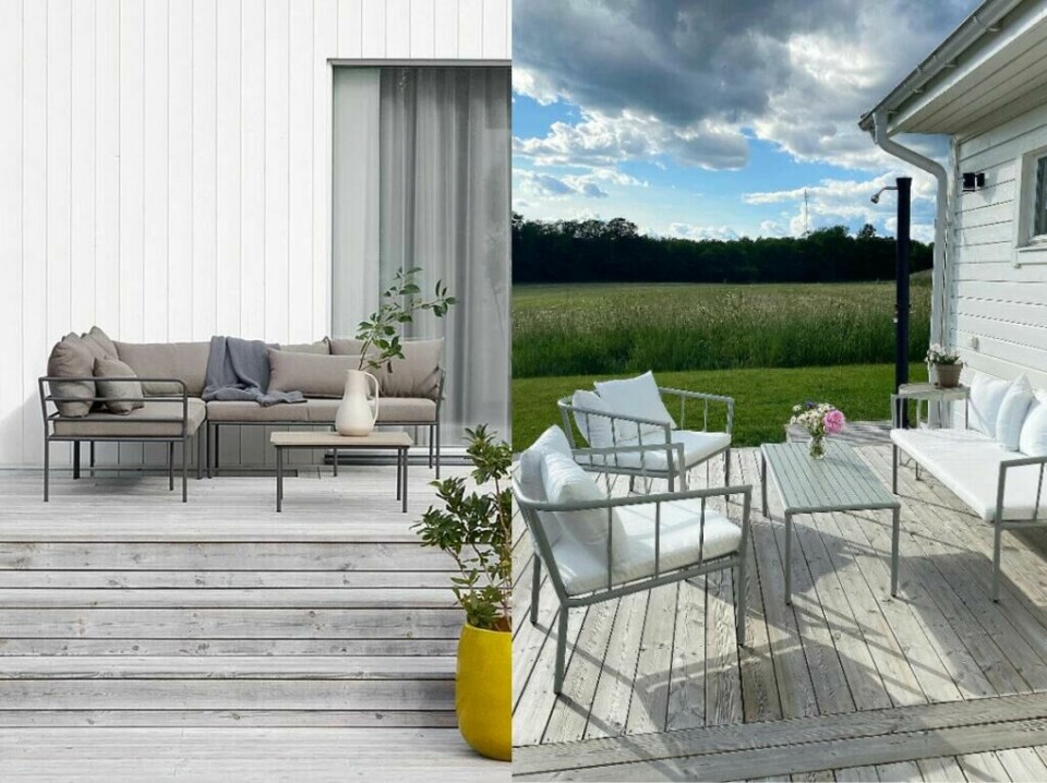 Felles for hagemøbler i aluminium er at de er lette i vekt og så godt som vedlikeholdsfrie. (Foto: Ellos Home) Hagemøbler: 2 bilde av loungemøbler i aluminium som er både vedlikeholdsfrie og flotte på uteplassen.