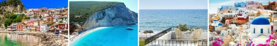 Kreta, Rhodos, Santorini... Hellas byr på mange vakre byer. Her finner du restplasser til Hellas hvor det er mye å spare på. (Foto: Colourbox) Bildet viser fire forskjellige scener fra Hellas. Første bilde viser en pittoresk havneby med fargerike bygninger som klamrer seg til en fjellside, med klart vann i forgrunnen. Det andre bildet viser en spektakulær strand med hvit sand og turkisblått vann, beskyttet av en høy, bratt klippe i bakgrunnen. Det tredje bildet viser en terrasse med hvite møbler som vender ut mot havet, med bølger som ruller inn mot kysten under en blå himmel. Det fjerde bildet viser en ikonisk utsikt over Santorini, med hvitkalkede bygninger og blå kupler som strekker seg nedover en klippe, omkranset av fargerike blomster. Vi har samlet en rekke restplasser til syden slik at du enkelt kan finne billig reise til varmere strøk. Her finner du blant annet restplasser til Kanariøyene som Gran Canaria, Tenerife, Lanzarote og Fuerteventura, restplasser til Thailand, restplasser til Egypt, restplasser til Dubai, restplasser til Hellas, restplasser til Kroatia, restplasser til Kypros.