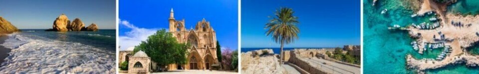 Restplasser til Kypros gir deg en billig ferie til landet som har alt fra spennende historie til vakre strender. (Foto: Colourbox) Bildet viser fire forskjellige scener fra Kypros. Første bilde viser en vakker strand med bølger som ruller inn mot kysten, med karakteristiske klippeformasjoner i havet under en klar himmel. Det andre bildet viser en imponerende gotisk katedral, omgitt av trær og et åpent torg under en dyp blå himmel. Det tredje bildet viser en gammel festning med steinvegger, palmetrær og utsikt over havet, som formidler en følelse av historie og kystskjønnhet. Det fjerde bildet viser et fugleperspektiv av en liten havn med båter fortøyd ved kysten, omgitt av krystallklart turkisblått vann. Vi har samlet en rekke restplasser til syden slik at du enkelt kan finne billig reise til varmere strøk. Her finner du blant annet restplasser til Kanariøyene som Gran Canaria, Tenerife, Lanzarote og Fuerteventura, restplasser til Thailand, restplasser til Egypt, restplasser til Dubai, restplasser til Hellas, restplasser til Kroatia, restplasser til Kypros.