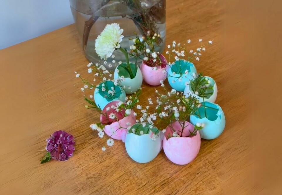 Lag en sjarmerende vasekrans av eggeskall fylt med vårblomster for en dekorativ påskepynt. (Foto: Miriam Schjetlein) Et kreativt påskearrangement med en vasekrans laget av eggeskall, fylt med små blomster som brudeslør og hvite krysantemum. Eggene er farget i duse pastelltoner som rosa, blå og grønn. Kransen er plassert på et trebord, og en glassvase med grener skimtes i bakgrunnen.