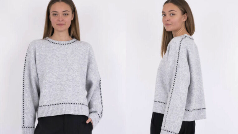 Genseren fra Noe Noir er en kul strikkegenser med røffe detaljer. (Foto: Villoid) bilde av jente i Neo Noirs versjon av den populære Stitch Genseren. Strikkegenseren er i grå