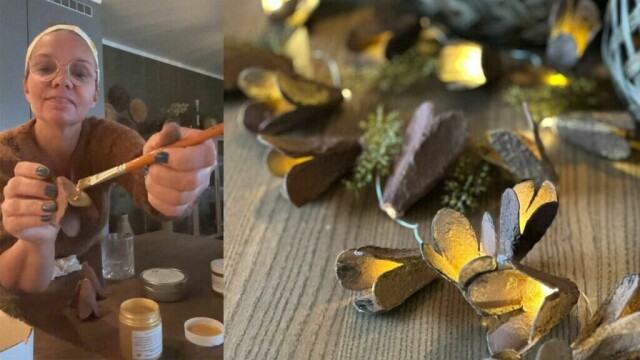 Kreativ gjenbruk av eggekartong blir til en stemningsfull lyslenke med håndmalte detaljer. (Foto: Lise Wolden)
