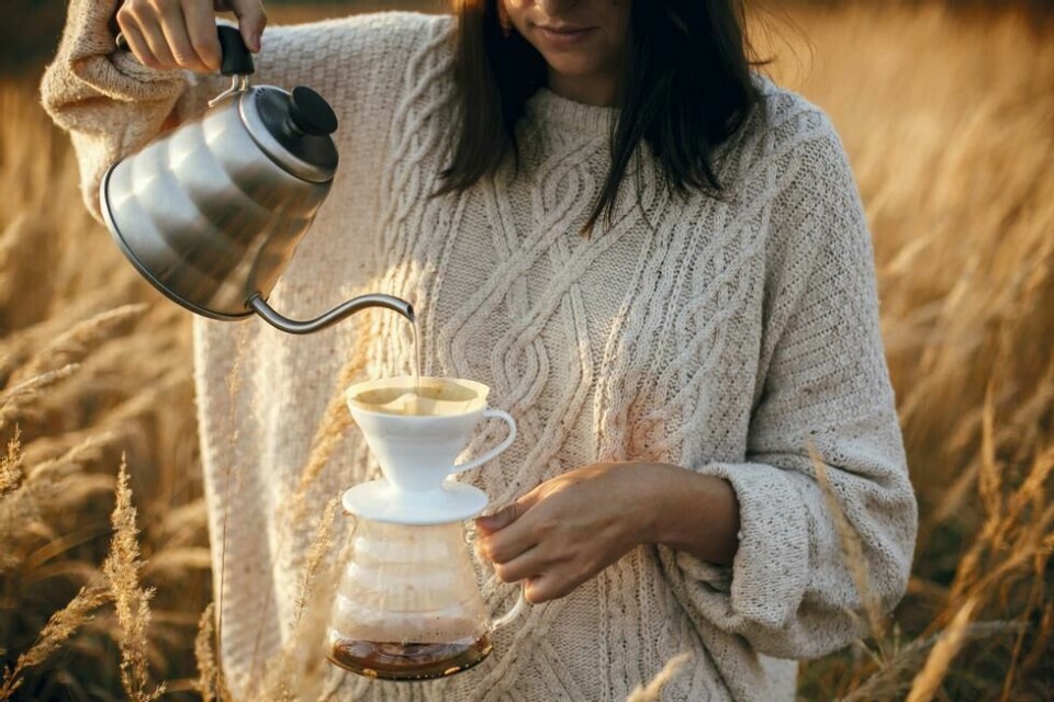 En V60 kaffebrygger fungerer på samme måte som en trakter, men vannet helles over manuelt av deg. det betyr at du styrer både mengde og temperatur selv. Her er det muligheter for å eksprimentere for å få riktig aroma. (Foto: Colourbox) v60 kaffebrygger fungerer på samme måte som en trakter, men du vannet helles over av deg
