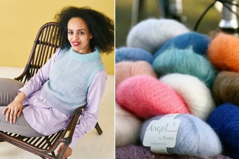 Velg mellom en rekke nydelige farger når du skal strikke denne vesten i garn med mohair og silke. (Foto: Knittingroom) Kvinne i rosa skjorte og strikkevest og garn i ulike farger.