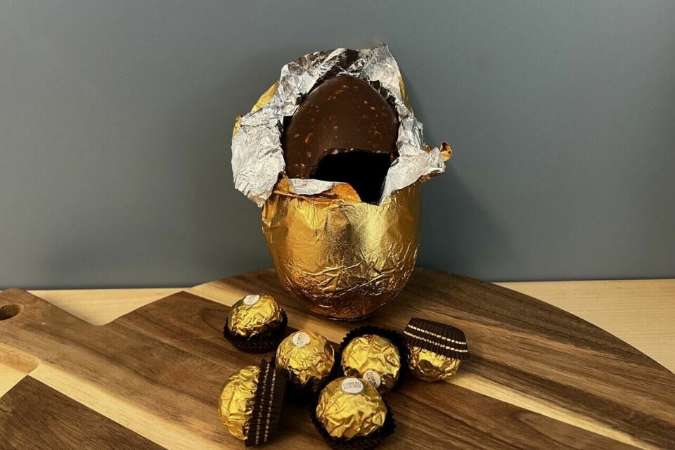 Ferrero Rocher påskeegg i melkesjokolade med sprø hasselnøttbiter, delvis pakket ut fra sin luksuriøse gullfolie. Omkranset av klassiske Ferrero Rocher-praliner – en eksklusiv påskegodbit! På bildet ser vi et Ferrero Rocher påskeegg i melkesjokolade, delvis pakket ut fra sin gyldne folieinnpakning. Sjokoladen er mørkebrun med små biter av ristede hasselnøtter, som gir en sprø tekstur. Egget står åpent, med folien brettet ned rundt bunnen. Foran egget ligger flere Ferrero Rocher-praliner, innpakket i sin karakteristiske gullfolie med små, brune papirformer. Alt er plassert på et rundt trefat, og bakgrunnen er en blågrå vegg, som gir en elegant kontrast til de varme gull- og sjokoladetone.