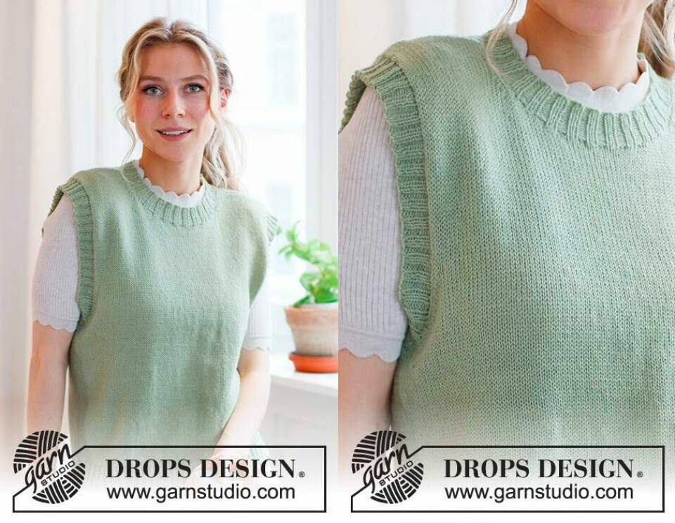 Stilren og enkel vest fra Drops Design. Velg mellom 21 ulike farger på garnet. (Foto: Drops Design) Grønn strikkevest på kvinne med blondt hår.