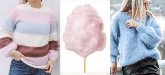 Cotton candy genser er i vinden. Den populære genseren strikkes med fluffy garn som får genseren til å ligne på sukkerspinn. Vi har funnet frem gratis oppskrifter, garnalternativer og strikkepakker du kan sjekke ut. (Foto: Strikkia og colourbox)