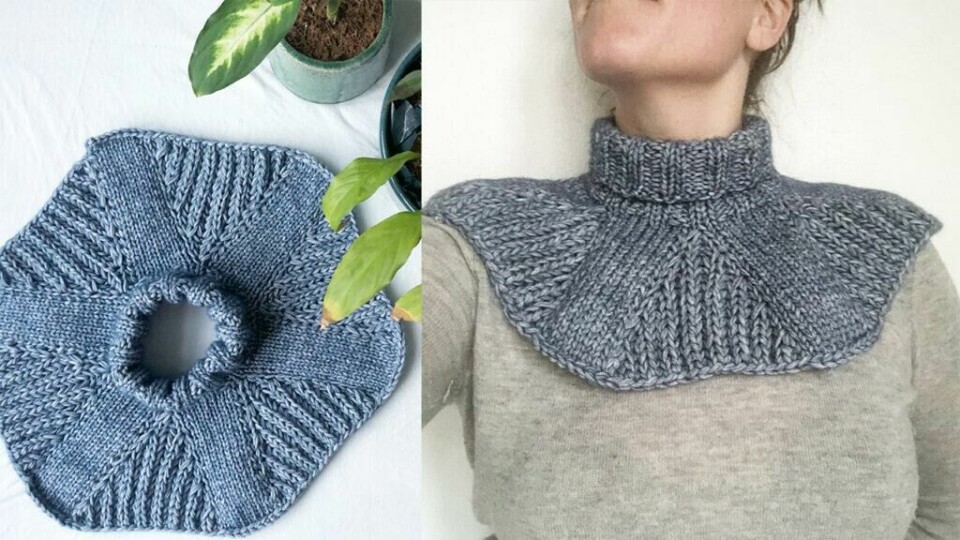 Legg merke til feltene av vekselsvis glattstrikk og patentstrikk i Møllehjul-halsen. (Foto: Rito Hobby) Strikket hals i blått og grått garn.