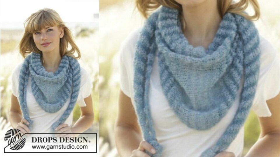Vakkert skjerf med spisse ender strikket i Alpaca Bouclé og Kid-Silk fra Drops. (Foto: Drops Design) Sjal i alpakka-garn med spisse kanter.