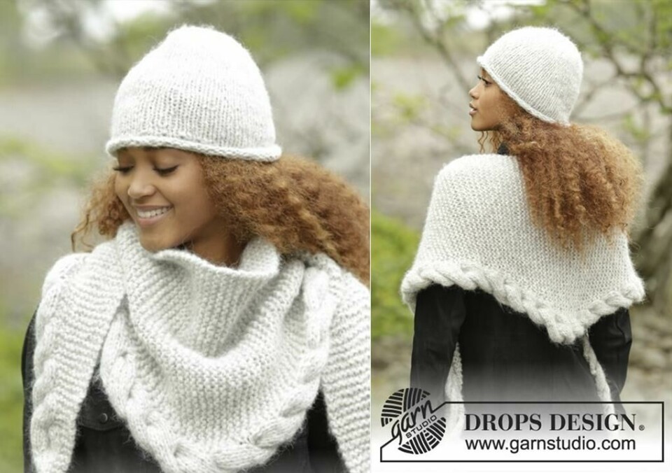 Strikkesjal med flette langs den ene kanten i Drops Air. (Foto: Drops Design) Strikkesjal i hvitt garn med flettekant.