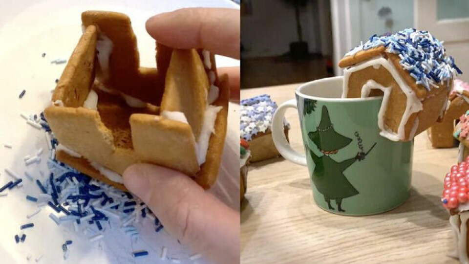 Vær litt ekstra kreativ og pynt mini-pepperkake husene med kakestrø i ulik farge. (Foto: Abc Brand Studio) Mini-pepperkake hus som sitter på kanten av kaffekoppen.