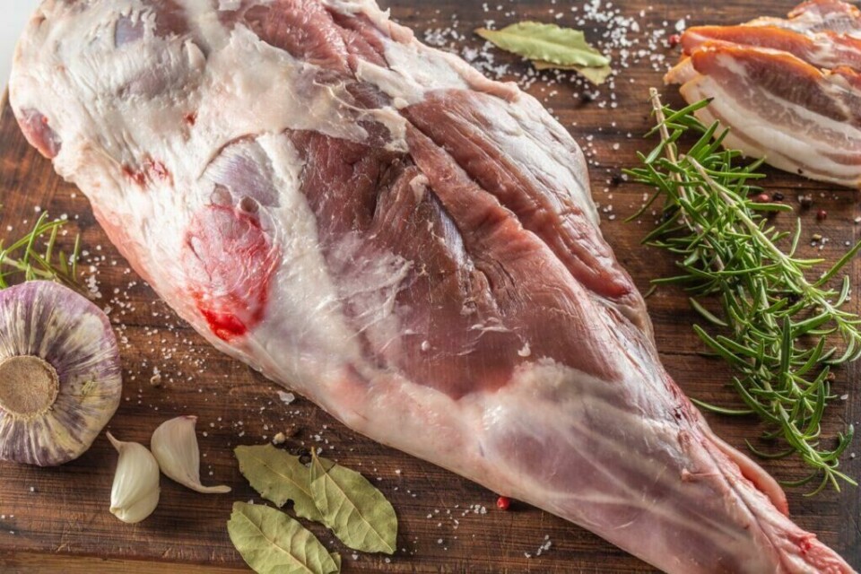 Et godt stekt lammelår er alltid et festmåltid! Du kan velge å ha det både i ovn og på grill til påske. (Foto: Colourbox) oppskrift lammelår: bilde av lammelår på fjøl med urter, krydder og hvitløk.