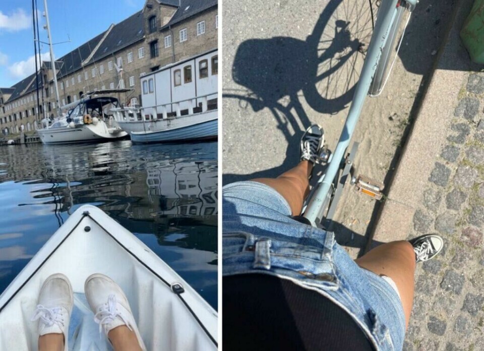 Har du god nok tid til å se en del av København vil jeg anbefale deg å benytte deg av byens mange utleiemuligheter! Her kan du låne alt fra sykler til båter, kayak, SUP-brett og svane-båter! (Foto: Cecilie Aasland / ABC Startsiden) Venstre: Bilde av føtter med hvite joggesko padlende i en kajakk på en av Københavns kanaler. Her er det båter, blikkstille vann og bygninger i bakgrunnen. Høyre: Dame på sykkel med svart topp, blå dongerishorts og converse. Jeg deler mine beste tips fra København, og både Michelin-restauranten ARK, rimeligere Gourmetrestauranter som Høst og Vækst, og restaurant på en båt kalt Kontiki. Jeg forteller også om badeplassen, restauranten og sauna-utleien La Banchina, isbar med verdens beste iskrem kalt Ismageriet, mulighet for leie av kajakk og sykkeltur til Christiania. Vinbaren med mulighet for vinsmaking kalt Champagne Kælderen, brunsj på café Flottenheimer, lån av kajakk hos Kayak Bar i i Danmarks hovedstad.
