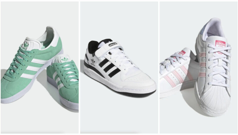 Adidas sine sneakers er en klassiker. I år ser vi et stort hopp i popularitet rundt skoene, og særlig når det gjelder modellen Adidas Gazelle. (Foto: Adidas) Bilde av tre populære adidas-sko. På bildet ser du sneakersene Adidas Gazelle, Adidas Forum og Adidas Superstar.