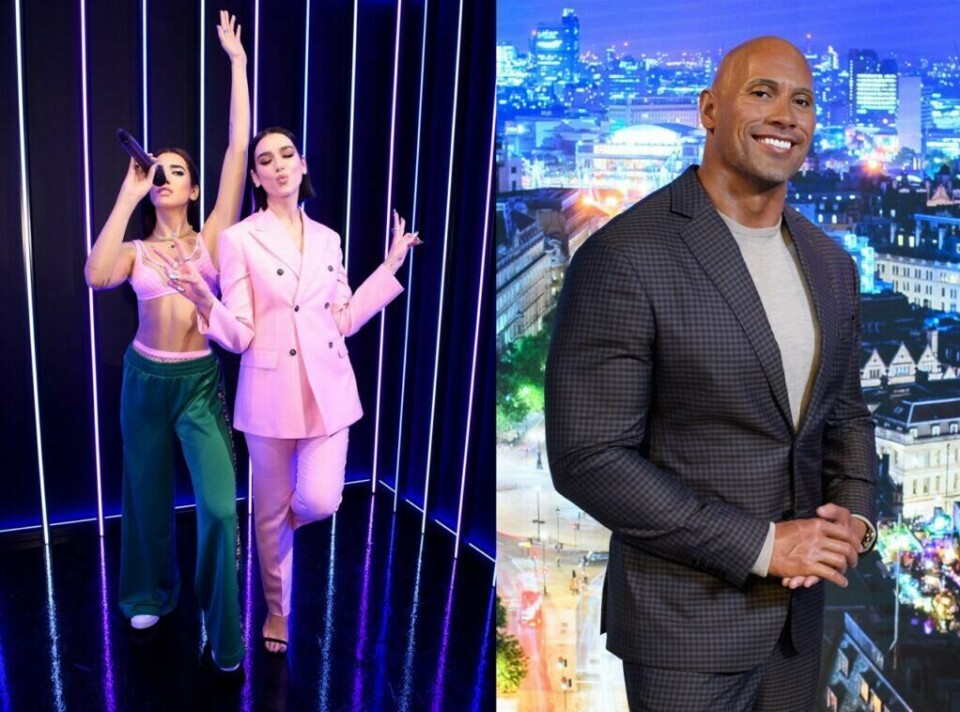 Voksfigurer av verdenskjente Dua Lipa og Dwayne Johnson, kjent under kallenavnet 'The Rock' fra Madame Tussauds, London. Bilde av voksfigurer av Dua Lipa (i rosa drakt) og The Rock, Dwayne Johnson fra Madame Tussauds i London