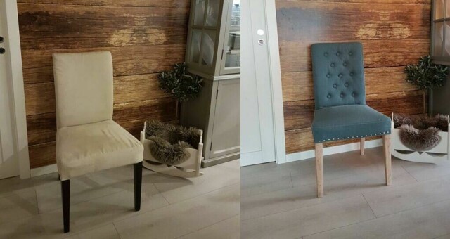 Denne Ikea-stolen ble oppgradert og fornyet med enkle grep. Fra billige Henriksdal-stoler til eksklusive og unike stoler. (Foto: Jannicke Nordbø)