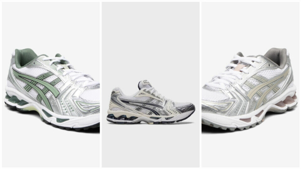 Asics GEL-14 er en klassisk joggesko som var populær på tidlig 2000-tallet. Nå er skoen tilbake for fult. (Foto: Boozt / Wakakuu) Bilde av tre par med hvite Asics GEL 14. Skoene kommer med ulike detaljer i ulike farger.