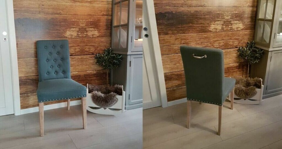 Ferdig resultat på Ikea-stolen, etter at nytt trekk, knapper og flotte detaljer er lagt til. (Foto: Jannicke Nordbø) Etterbilde av ikea-stoler som ble fornyet med nytt trekk, knapper og flotte detaljer.
