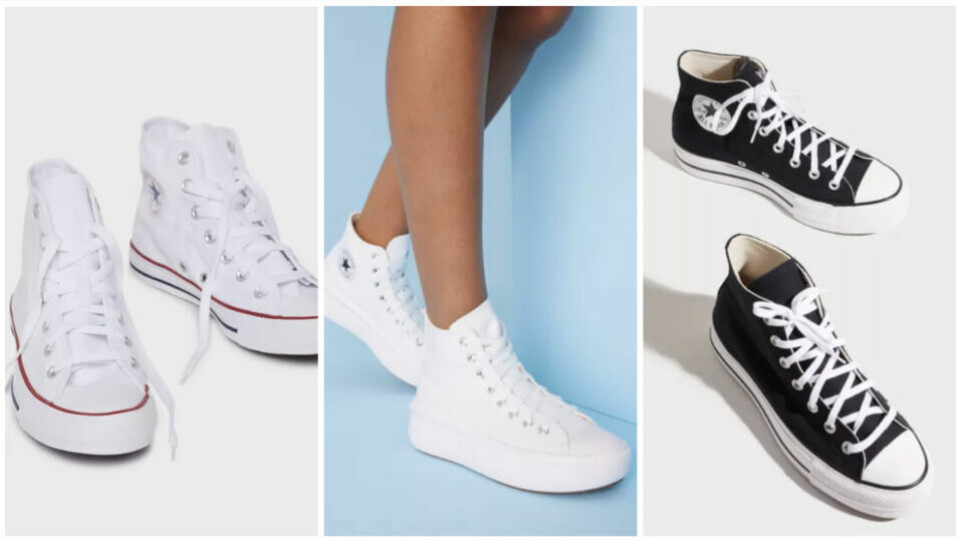 Converse All Star er en klassisk sneakers til dame som passer til alt. Med denne skoen kan du enkelt style antrekket opp og ned. (Foto: Nelly.com) Bilde av tre sneakers fra Convers. På bilde ser du en hvit modell med høy såle, en hvit modell i høy variant og en sort modell i høy variant.