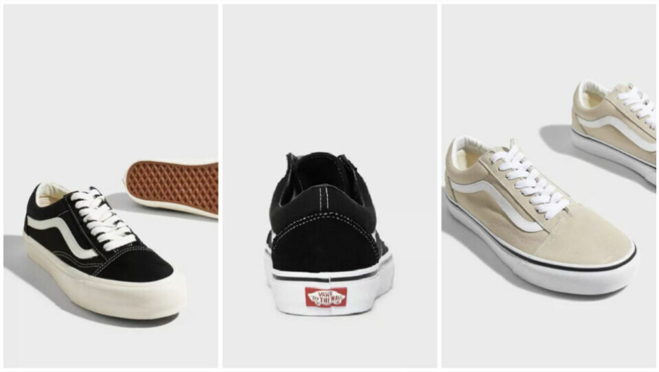 Vans sneakers har lenge vært populært blant skatere. Nå er skoen populær blant sneakersentusiaster landet over. (Foto: Nelly.com) Bilde av tre ulike par med vans. To i sort og en i beige.