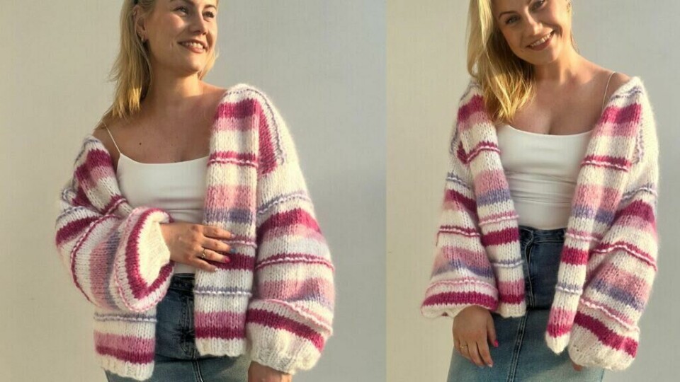 Emiliejakken fra Knitting by Emilie – en fargerik og trendy restegarnsjakke med oversized passform og unikt uttrykk! (Foto: Kreative Ideer/Aurora Lange) Emiliejakken fra Knitting by Emilie er en håndstrikket, oversized jakke med brede striper i lekne farger. Den er strikket i en blanding av ulike garntyper, noe som gir en spennende tekstur og et unikt uttrykk. Jakken har vide ermer, ribbestrikkede kanter og en åpen front, perfekt for lag-på-lag-styling. Ideell for deg som vil bruke restegarn og skape en fargerik favoritt i garderoben!