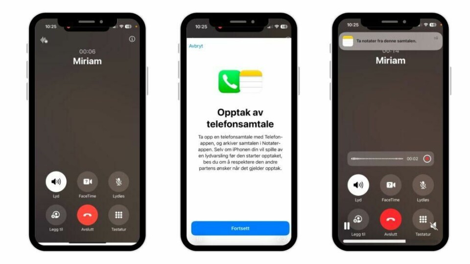 Hvordan bruker man iOS 18.1 sine nye funksjoner til å ta opp samtaler (Foto: Kreative Ideer/ Aurora Lange) Bildet viser tre skjermbilder av en iPhone som viser trinnene i opptak av en telefonsamtale. På det første skjermbildet ser vi en aktiv samtale med «Miriam», mens det andre skjermbildet gir en introduksjon til opptaksfunksjonen, der brukeren blir informert om at samtalen kan lagres i Notater-appen. Det siste skjermbildet viser samtalen i opptak, indikert av en tidslinje og en opptaksknapp.