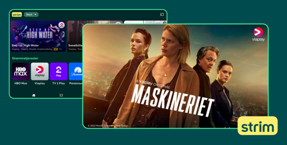 Den norsk-svenske serien Maskineriet med Kristoffer Joner, Julia Schacht, Hanna Alström, Maja Svärd og Anastasios Souli - er et av flere populære program du finner på strømmetjenesten Strim. (Foto: Strim.no) Bildet viser serien Maskineriet som du finner på Strim samt litt av deres utvalg av kanaler