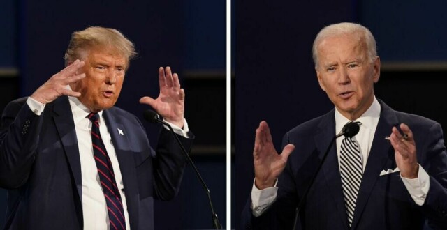 Tidligere president Donald Trump og president Joe Biden under den første presidentdebatten i september 2020 i Cleveland. (Foto: Scanpix Ap foto)