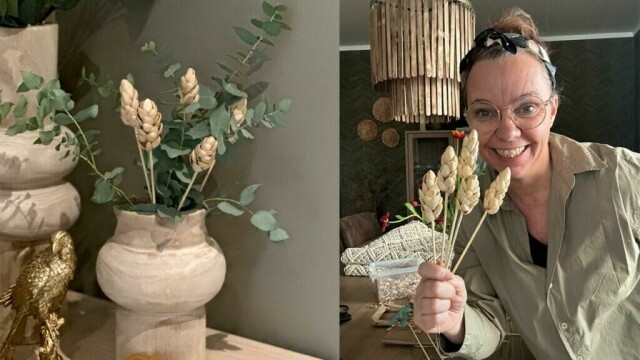 Hjemmelaget pynt av pistasjnøttskall gir en personlig og naturlig stil. (Foto: Lise Wolden)