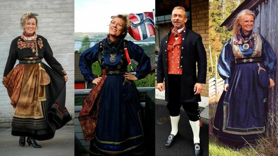 Aina Henninen fra Krokstadelva utenfor Drammen har sydd alle disse flotte festdraktene. Nydelige til 17. mai! Hun har ofte brukt gardiner når hun har sydd draktene sine. (Foto: Aina Henninen)