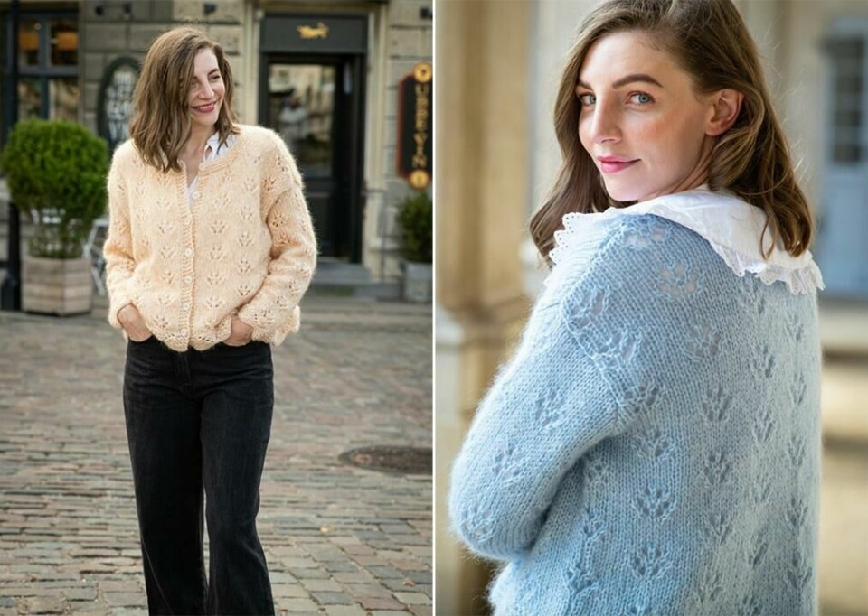 Denne cardiganen med hullmønster er så fin at den kan brukes som bluse. (Foto: Rito Hobby / Mayflower) To bilder av kvinne kledd i Flora cardigan i lys gul og lys blå.