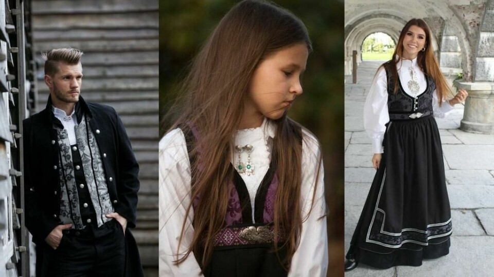 Festdrakt er et billigere alternativ til bunad på 17. mai. Festdrakten er ikke knyttet til et bestemt sted, og tilpasses din personlighet. De finnes både til kvinner, menn og barn. (Foto: Love Norway) mann, kvinne og jente kledd i festdrakt