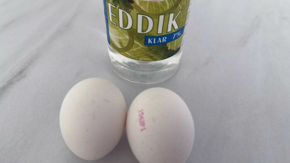 Fjern stempelet med eddik. To hvite egg ligger på en grå overflate ved siden av en flaske Idun klar eddik (7%). Eddikflasken har en grønn etikett med rødt Idun-logo, og eggene har en svak rød merking. Eddiken skal brukes til å fjerne det røde stempelet på egget.