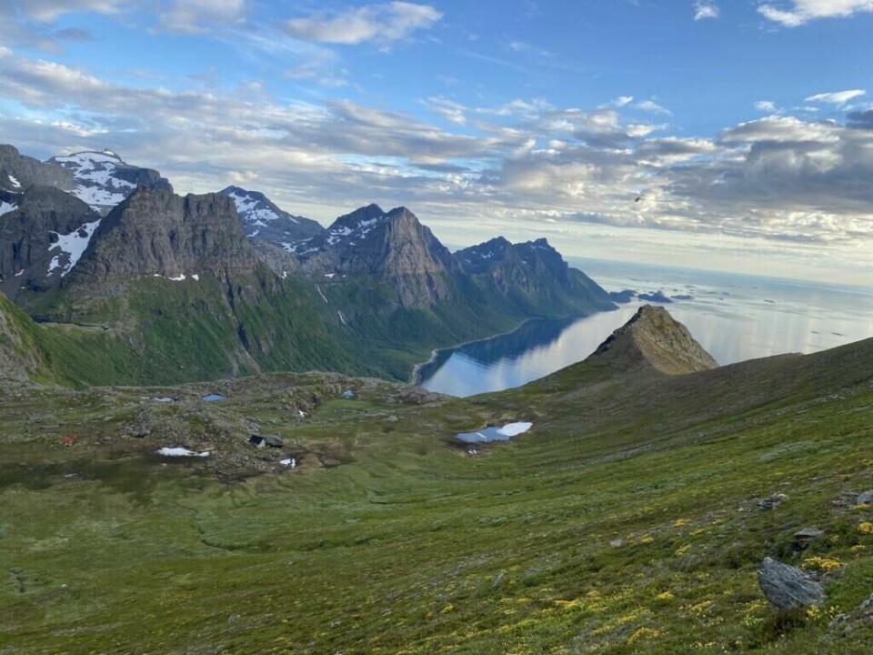 I Nordland fylke, ikke langt fra Bodø, ligger Steigen vakkert plassert mellom fjell og fjorder, og ved kysten av Vestfjorden. Steigen er kjent for dramatisk natur med fjell, hav, strender og skjærgård, men med færre turister og sin urørte natur er det en perle av et alternativ til Lofoten. (Foto: Monika Myhre / ABC Startsiden) Et storslått fjellandskap med dramatiske tinder, grønne dalsider og snødekte fjelltopper strekker seg utover mot havet. Nede i dalen skimtes små vann, et lite bygg og et knallrødt telt som gir skala til det enorme landskapet. Den blanke fjorden slynger seg elegant innover mellom fjellene, og speiler himmelen med et glimt av kveldssol og lette skyer. I horisonten ligger øyer spredt utover et glitrende hav. Bildet utstråler ro, vill natur og følelsen av å være langt unna folk – midt i Nord-Norges majestetiske villmark, brennviksanden i Steigen.
