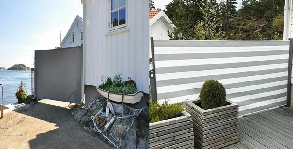 En sidemarkise, eller levegg som det også kalles, begrenser både vind og innsyn. 2 bilder av sidemarkise/ levegg på hus om sommeren.