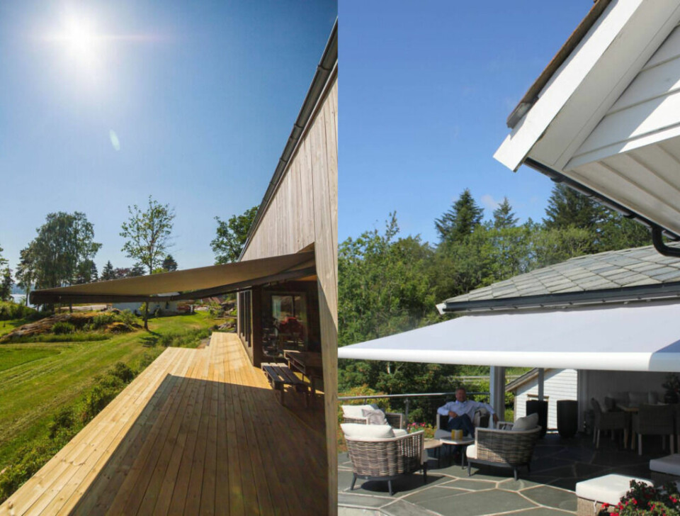 Terrassemarkiser kan i tillegg til solskjerming gi beskyttelse mot regn. Du finner også flere med automatisk motor som justeres etter sol og vind. (Foto: Love Norway) 2 bilder av terrassemarkiser med platting og terrasse under. Begge i solskinn og med hagemøbler, samt en mann.